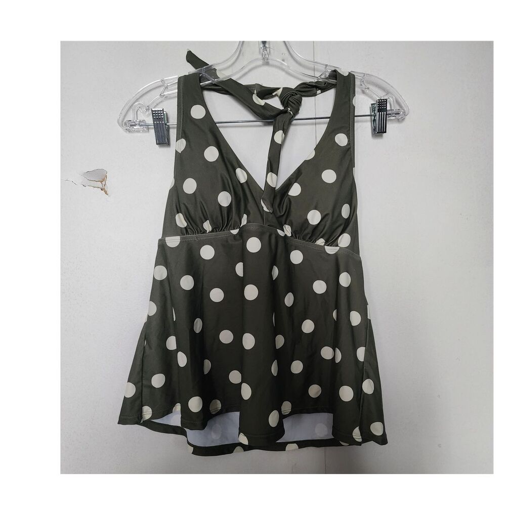 Lands' End Women's Tankini Swim Top Halter Polka Dot Green White Size S NWT